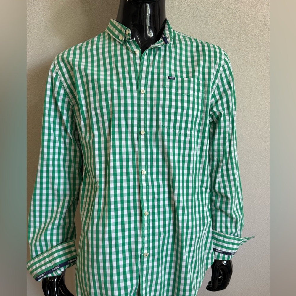 Green and White Checkered Button-Up Shirt